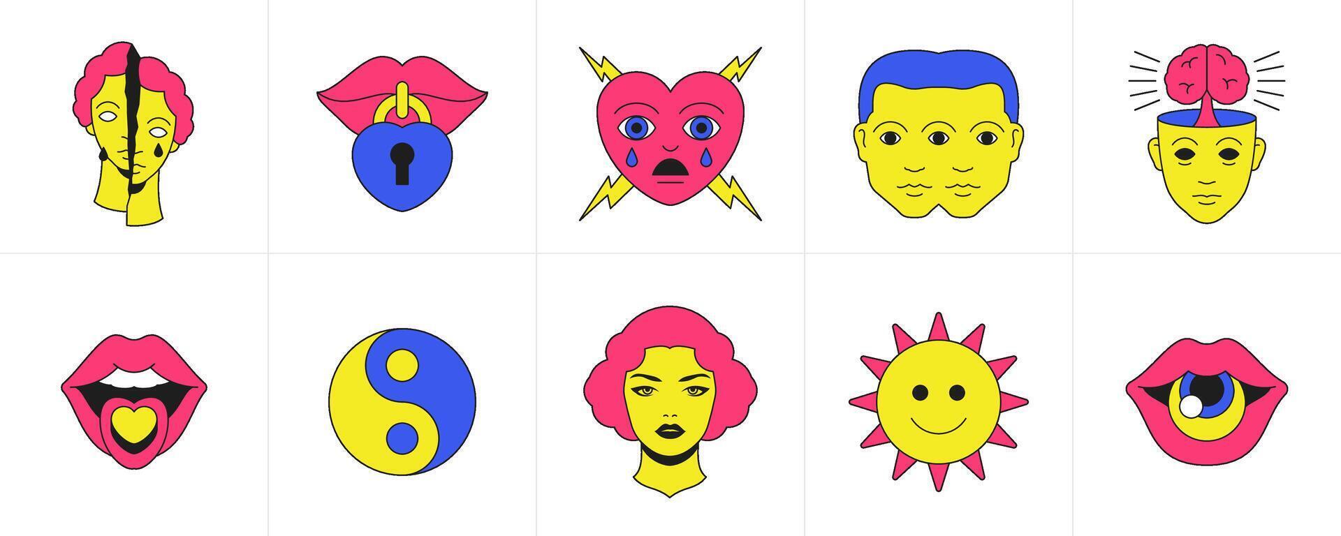 marrant dessin animé emoji surréaliste éléments bande dessinée branché psychédélique bizarre sensationnel icône ensemble vecteur plat