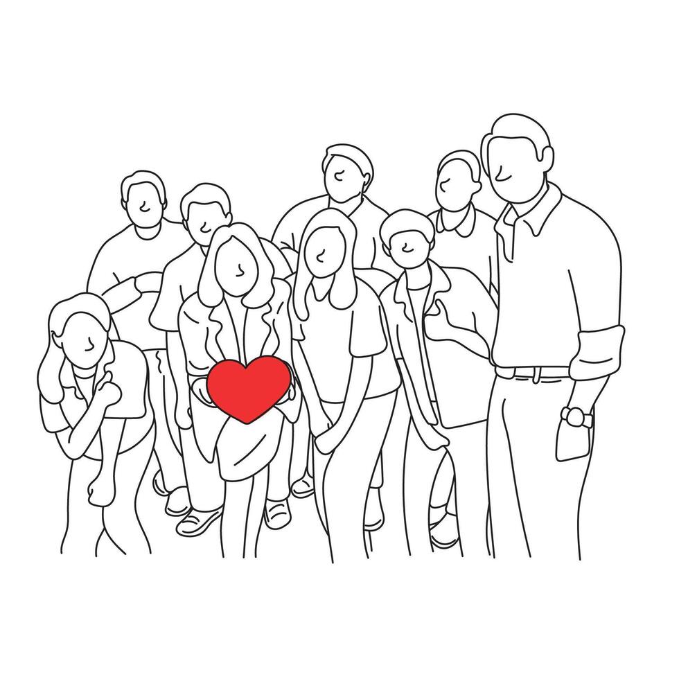 travail en équipe de neuf affaires gens avec rouge cœur illustration vecteur main tiré isolé sur blanc Contexte