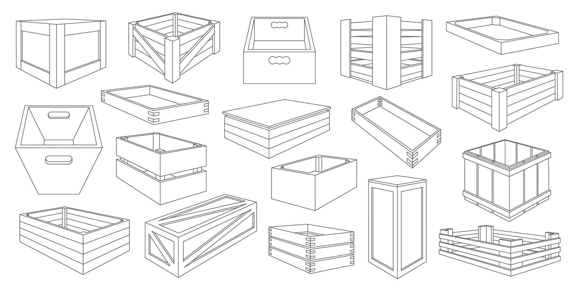 ligne en bois des boites. fermé et ouvert en bois Caisse emballer, traditionnel en bois panier et tiroir pour stockage, en bois emballage vecteur ensemble