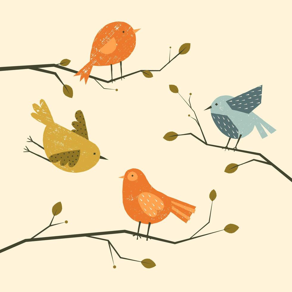 mignonne des oiseaux sur des arbres. dessin animé coloré printemps et été animaux sur branches avec fleurs, puéril graphique conception éléments. vecteur isolé ensemble