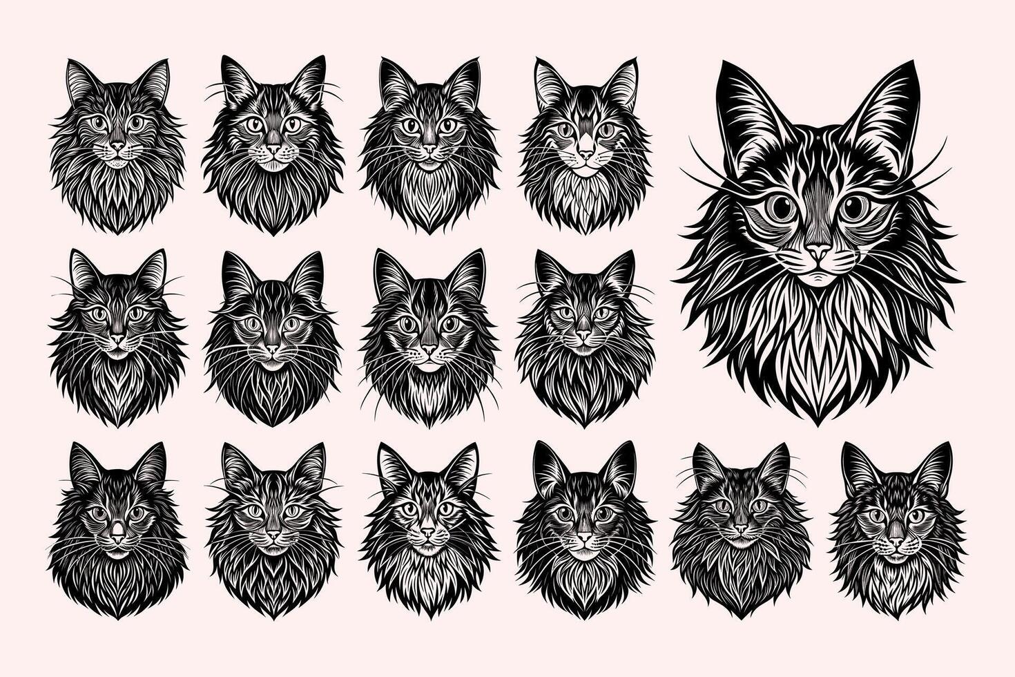 ai généré de face vue de plat détail Maine nègre chat tête illustration conception ensemble vecteur