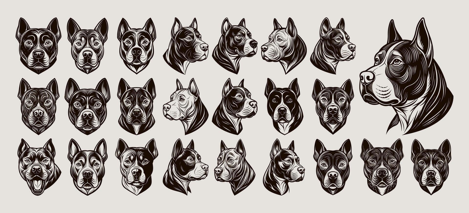 ai généré collection de main tiré pitbull chien tête illustration conception vecteur