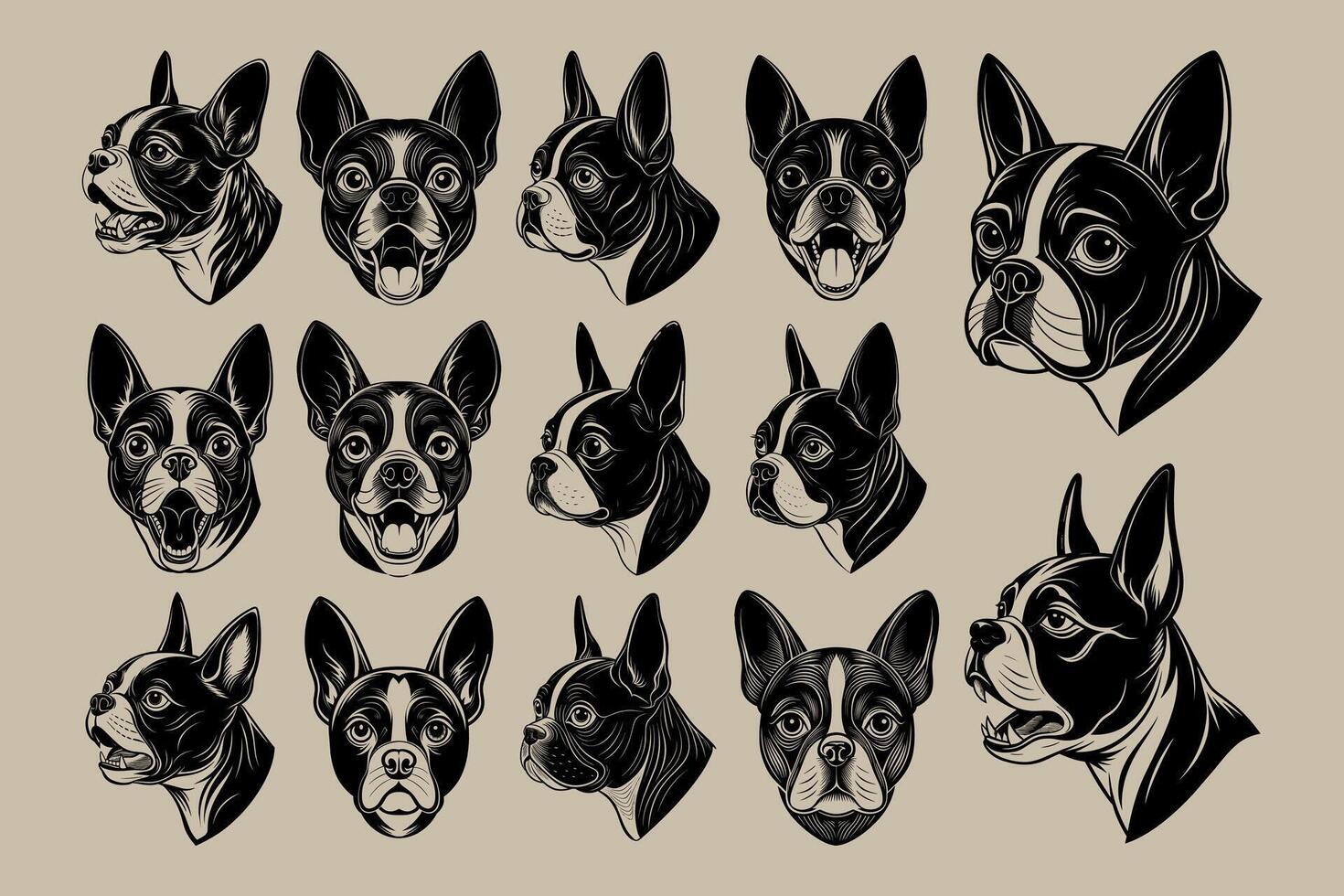 ai généré main tiré plat Boston terrier chien visage de côté conception ensemble vecteur