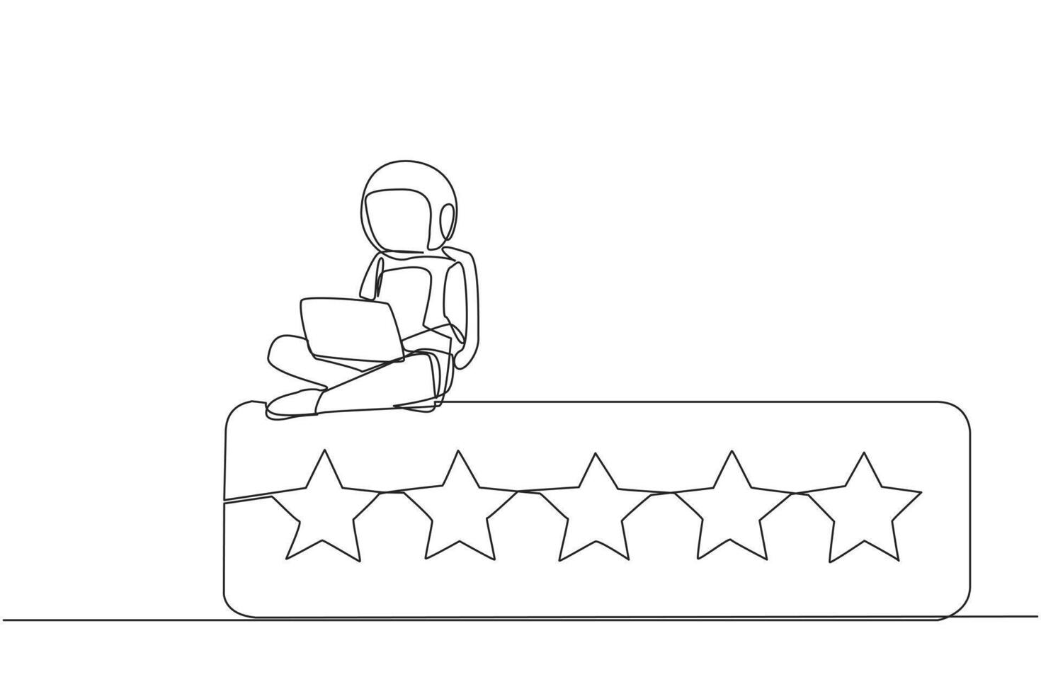 Célibataire continu ligne dessin Jeune content astronaute séance sur évaluation planche dactylographie portable ordinateur. donner 5 étoiles et une très satisfaisant examen. en ligne achats. un ligne conception vecteur illustration