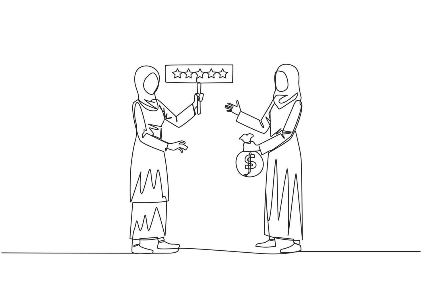 continu un ligne dessin deux arabe femmes permanent contraire chaque autre. un femme porter argent sac, le autre porter évaluation planche avec 5 étoile. acheter et vente Commentaires. Célibataire ligne dessiner conception vecteur