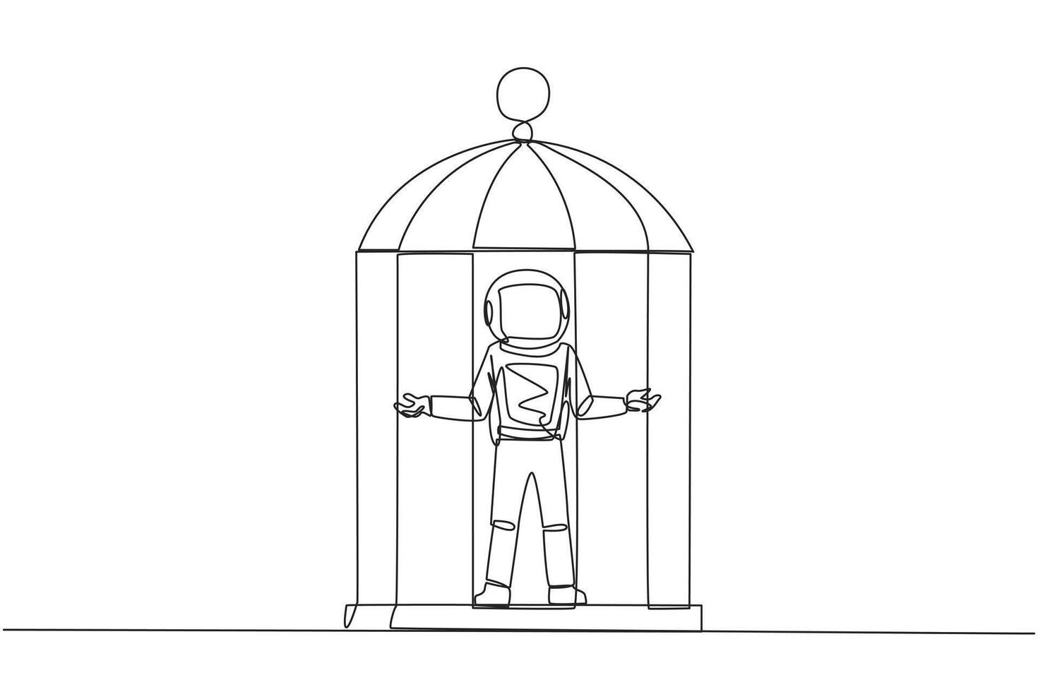 Célibataire continu ligne dessin astronaute piégé dans cage permanent avec ouvert bras. abandon à le situation. forcé à rester dans une cage. affaires est ne pas croissance. un ligne conception vecteur illustration