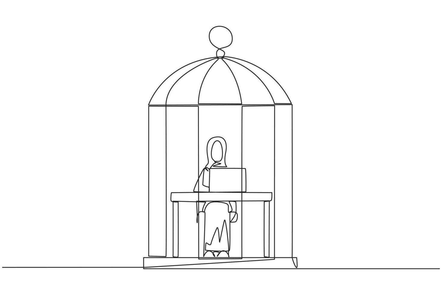 Célibataire un ligne dessin arabe femme d'affaires piégé dans cage séance et dactylographie sur portable ordinateur. fatigant routine. malheureux homme d'affaire avec beaucoup date limite. continu ligne conception graphique illustration vecteur