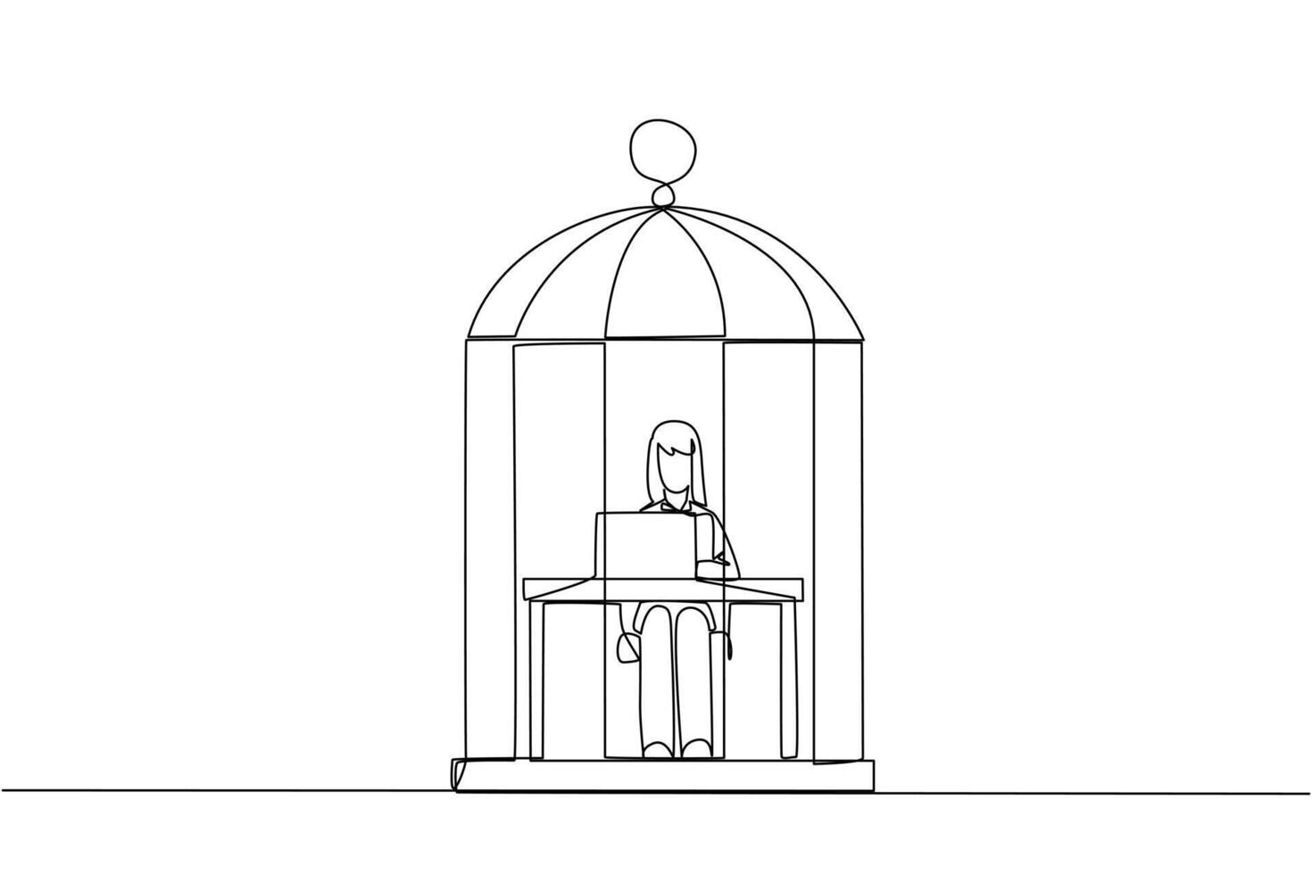 Célibataire un ligne dessin femme d'affaires piégé dans cage séance et dactylographie sur portable ordinateur. fatigant routine. malheureux femme d'affaires avec le beaucoup date limite. continu ligne conception graphique illustration vecteur