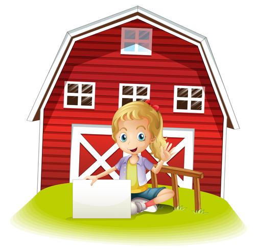Une fille assise devant la grange tenant un panneau vide vecteur
