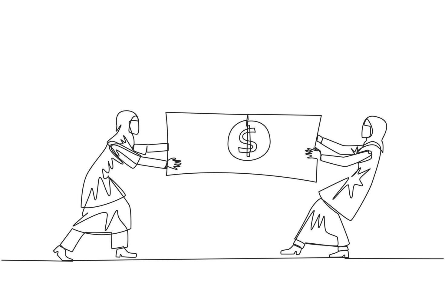 Célibataire un ligne dessin deux arabe femme d'affaires combat plus de billets de banque. bats toi plus de le Capitale à condition de par le gouvernement à choisi entrepreneurs. continu ligne conception graphique illustration vecteur