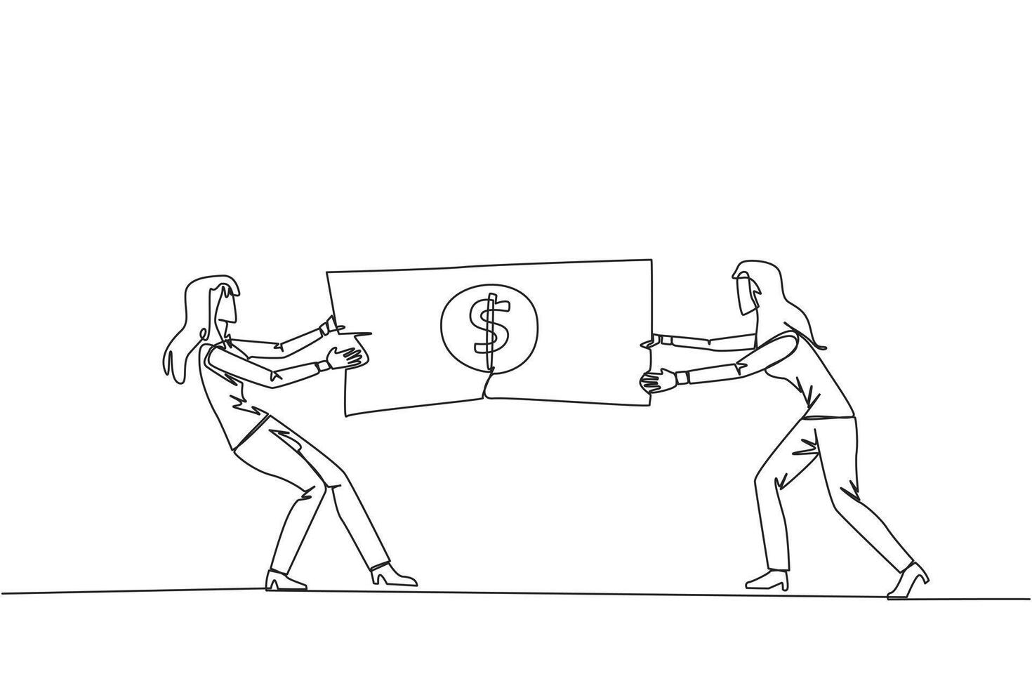 Célibataire continu ligne dessin deux en colère femme d'affaires combat plus de billets de banque. bats toi plus de le Capitale à condition de par le gouvernement à choisi entrepreneurs. rival. un ligne conception vecteur illustration