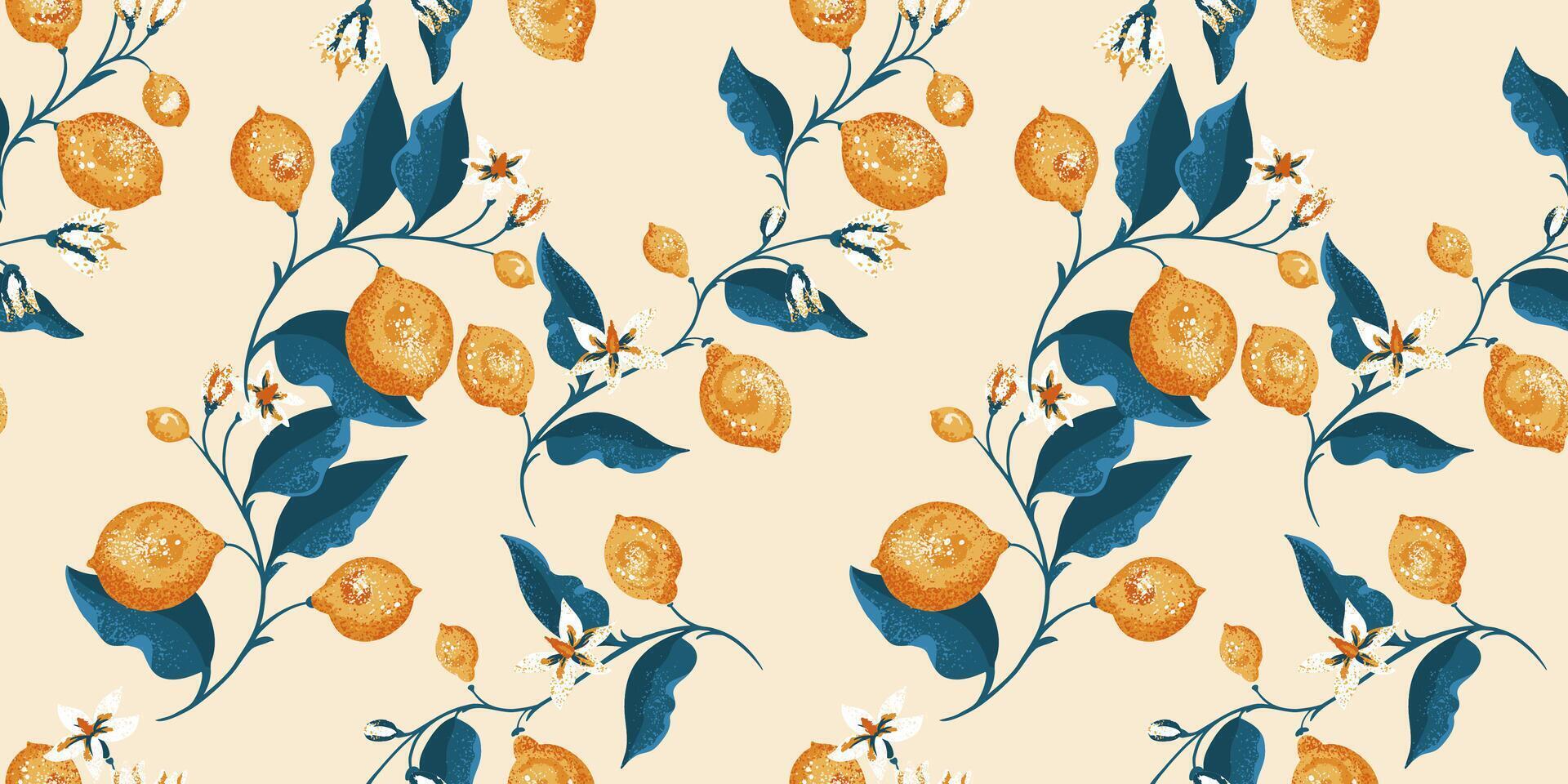 coloré Créatif branches avec chaux, citrons, feuilles et minuscule bourgeons sans couture modèle. vecteur main dessiné. abstrait artistique agrumes des fruits illustration pour imprimer. modèle pour conception, textile, en tissu