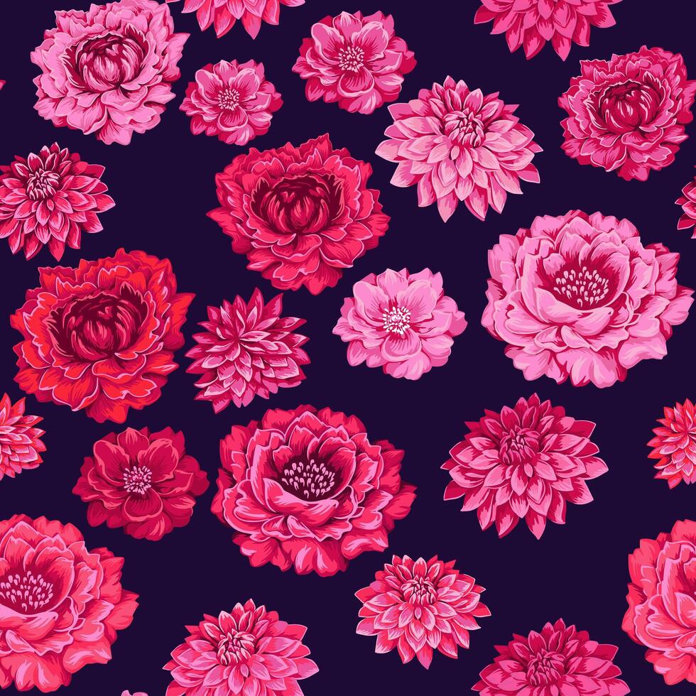 sans couture modèle stylisé artistique fleurs pivoines dahlias modèle sur une foncé noir Contexte. abstrait coloré rouge Rose rose floral impression. vecteur tiré illustration épanouissement les plantes. conception