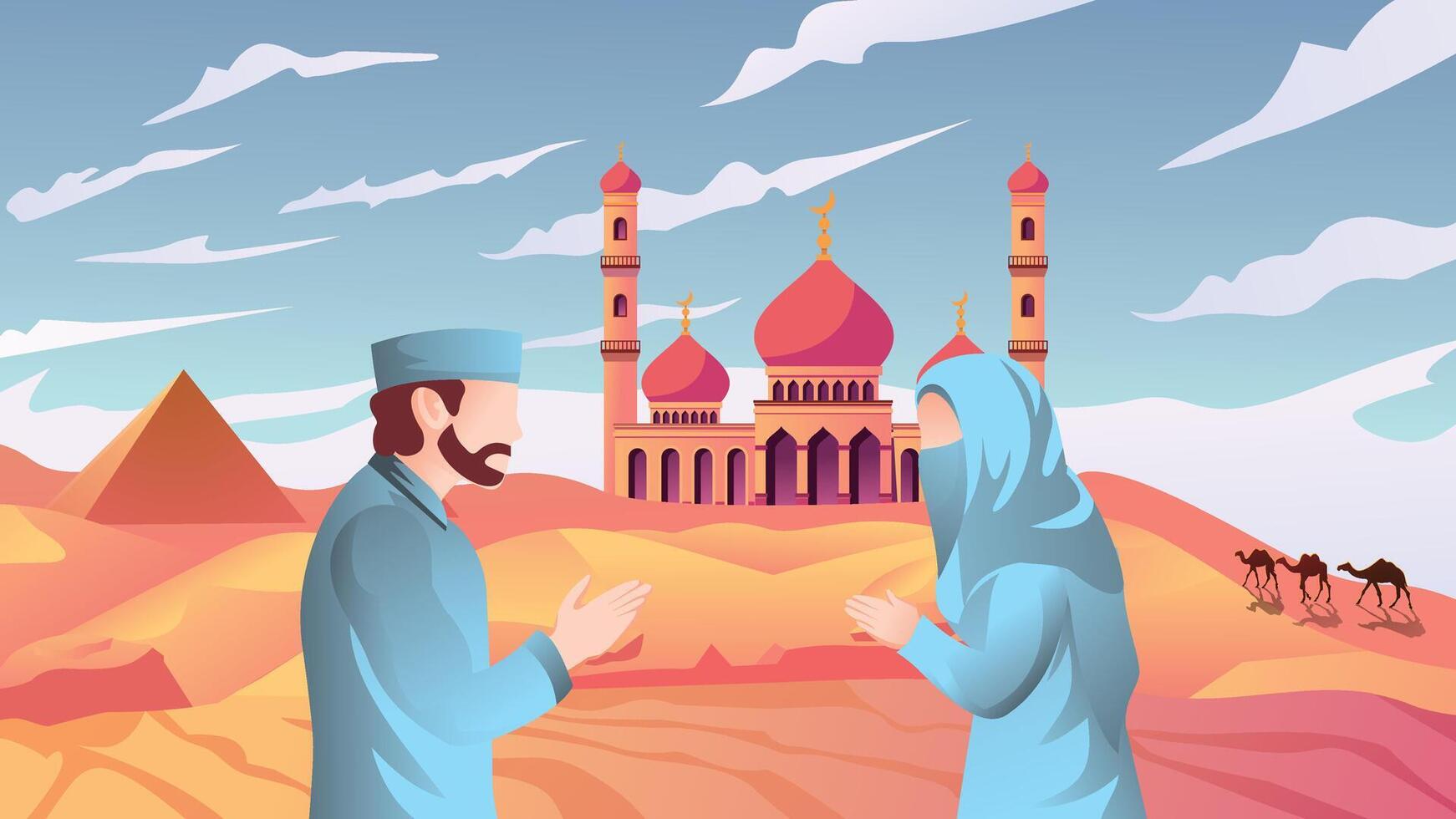 paysage illustration de les musulmans tremblement mains, Ramadan, eid al fitr, eid al adha, désert à thème islamique Contexte vecteur