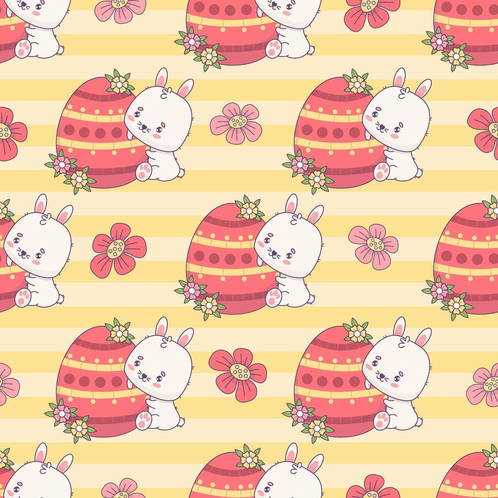 sans couture modèle avec Pâques lapin avec pascal Oeuf et fleurs sur rayé Jaune Contexte. mignonne kawaii animal personnage. vecteur illustration. des gamins collection