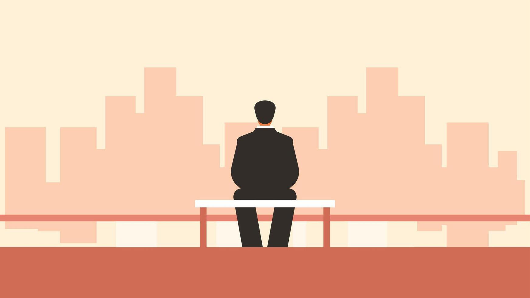 affaires homme est assis sur une banc et en train de regarder une paysage urbain vecteur illustration