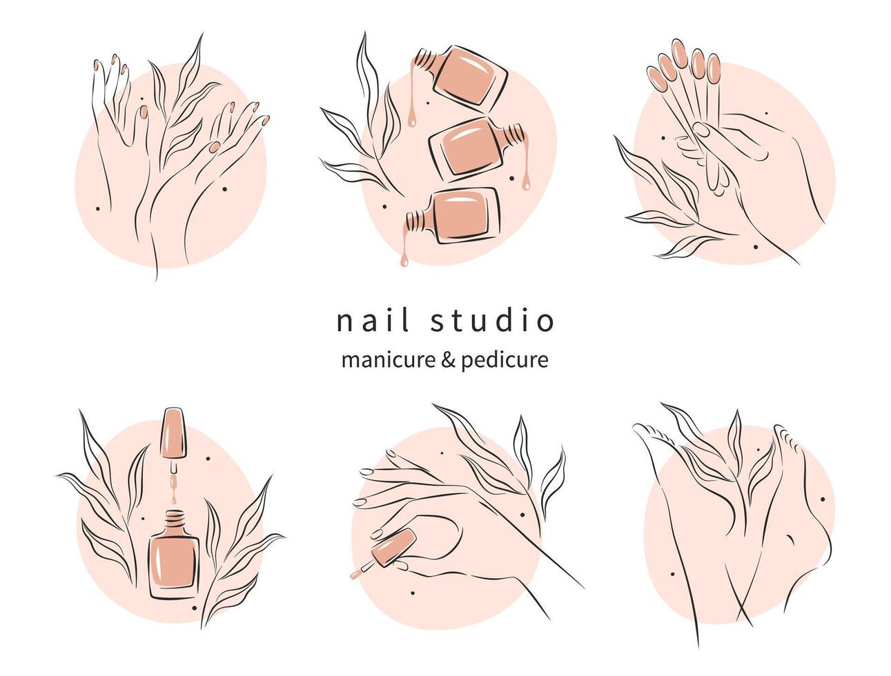 ensemble d'éléments et d'icônes pour nail studio. vernis à ongles, brosse à ongles, mains et jambes féminines manucurées. illustrations vectorielles vecteur