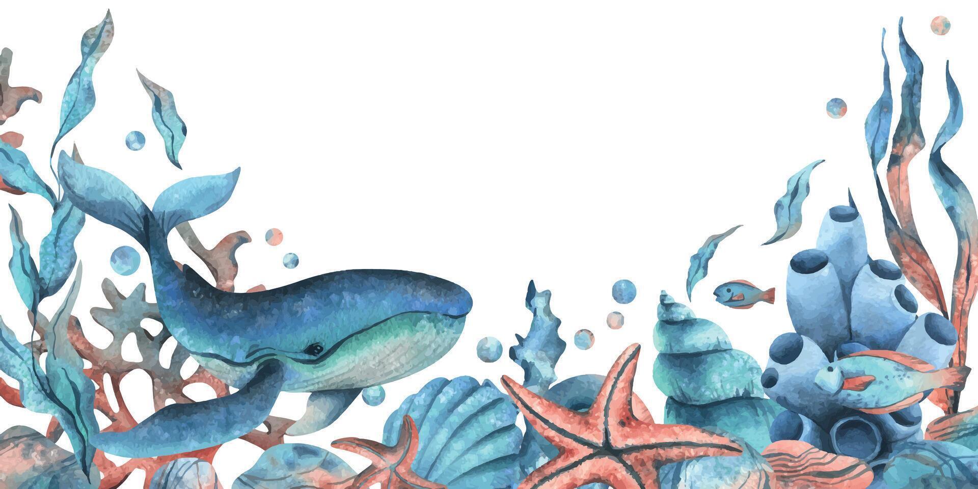 sous-marin monde clipart avec mer animaux baleine, tortue, pieuvre, hippocampe, étoile de mer, coquilles, corail et algues. main tiré aquarelle illustration. frontière, modèle, Cadre isolé de le Contexte. vecteur