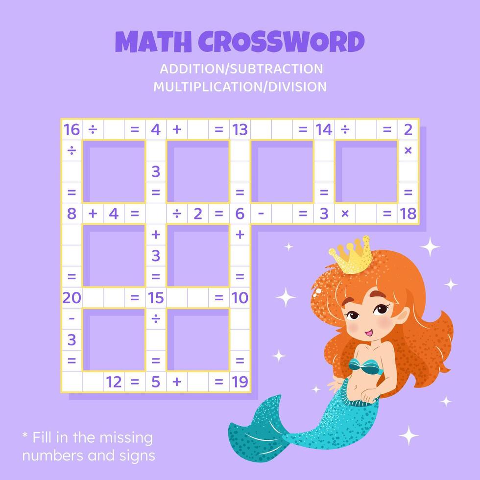 math mots croisés puzzle pour les enfants. ajout, soustraction, multiplication et division. compte en haut à 20. vecteur illustration. Jeu avec dessin animé mignonne sirène. tâche, éducation Matériel pour enfants.