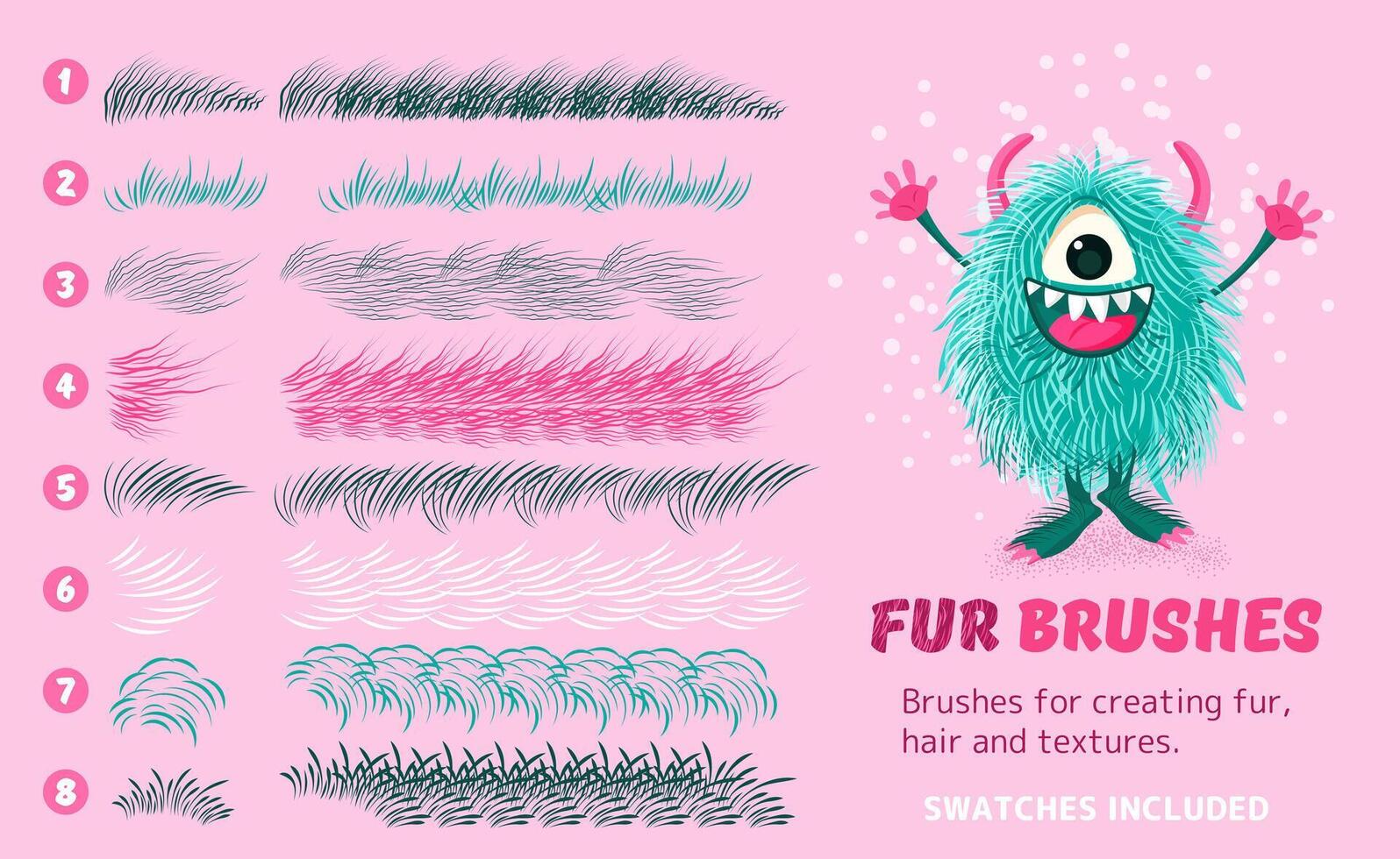 fourrure brosses collection. isolé artistique coups sur Contexte. vecteur texturé main tiré brosses ensemble pour création fourrure, cheveux, duveteux créatures. échantillons inclus. eps dix. abstrait conception trousse.