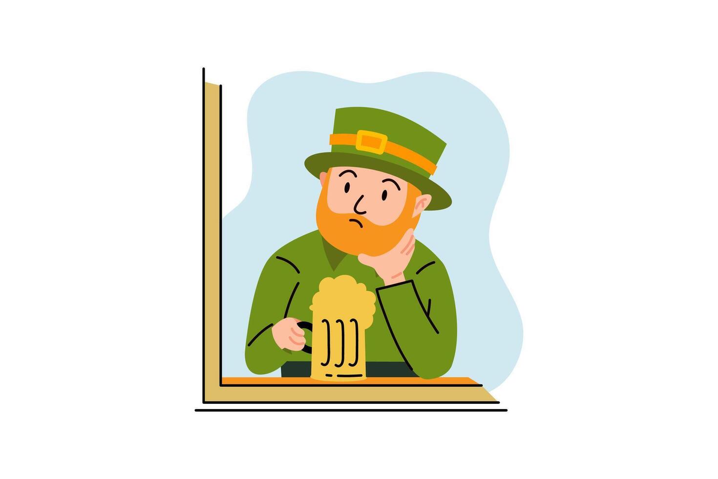 homme dans le vert chapeau est en buvant Bière et rêverie. illustration pour st. patrick's jour, irlandais vacances vecteur