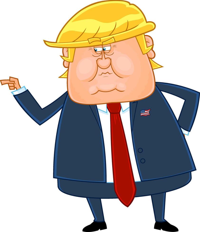 en colère Président Donald atout dessin animé personnage montrer du doigt. vecteur illustration isolé sur blanc Contexte