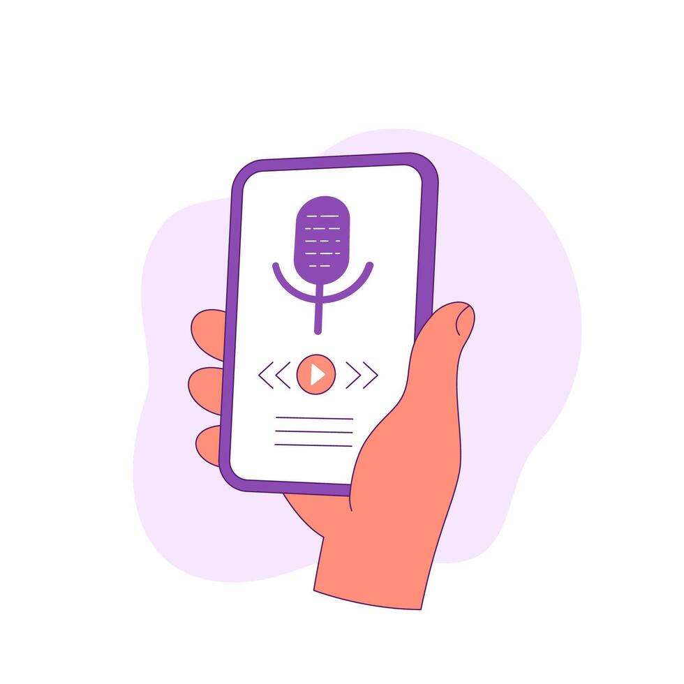 Podcast application, téléphone dans main vecteur icône