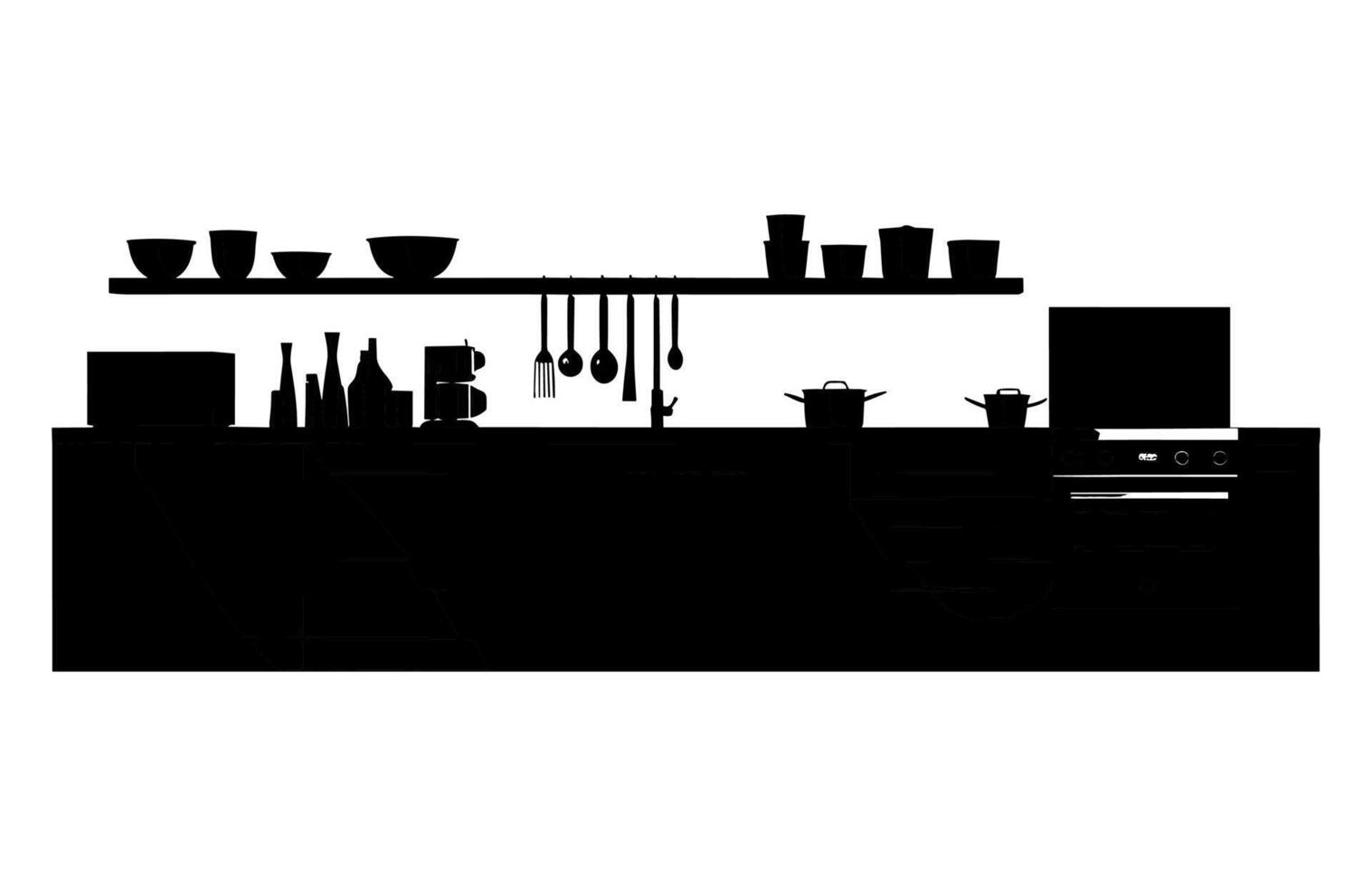 cuisine intérieur vecteur silhouette, cuisine meubles Icônes, cuisine pièce silhouette.