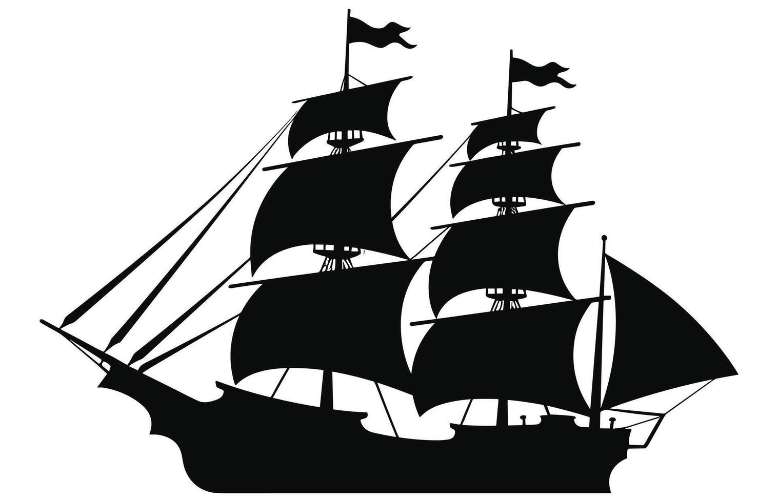 silhouette de une pirate bateau, pirate bateaux et vieux différent en bois navires avec flottant drapeaux vecteur