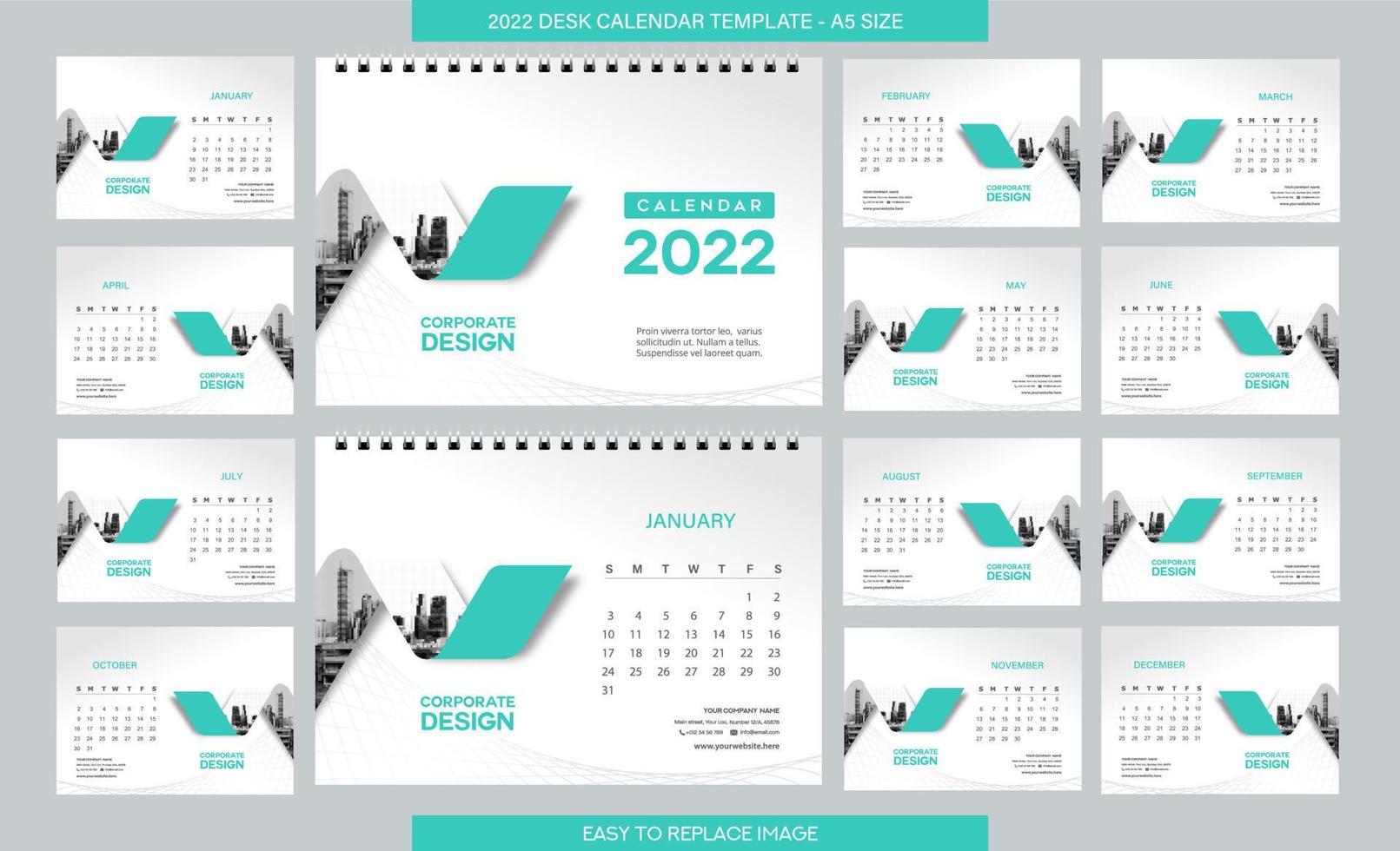modèle de calendrier de bureau 2022 - 12 mois inclus - format a5 vecteur