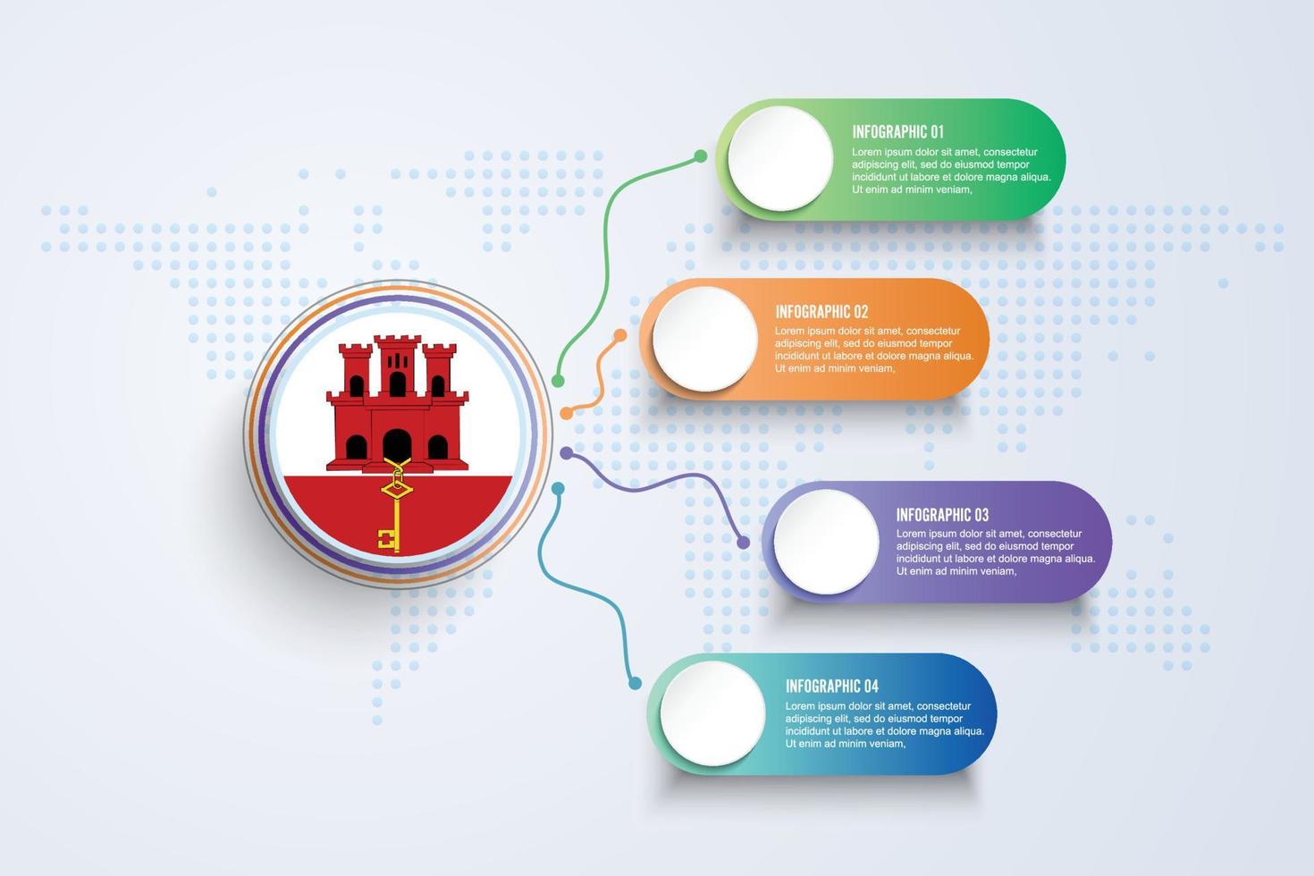 drapeau gibraltar avec conception infographique isolé sur la carte du monde dot vecteur