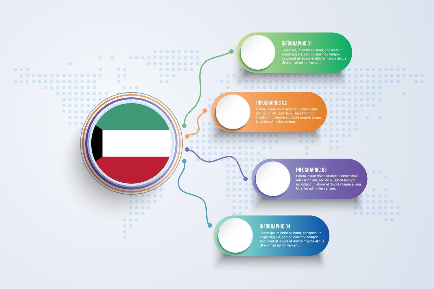 Drapeau du Koweït avec une conception infographique isolée sur la carte du monde à points vecteur