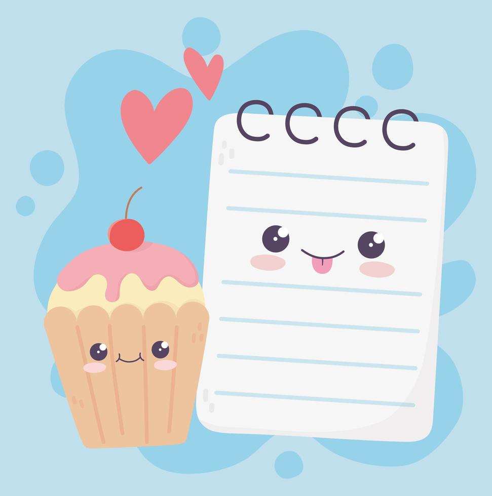 joli bloc-notes et cupcake amour coeurs personnage de dessin animé kawaii vecteur