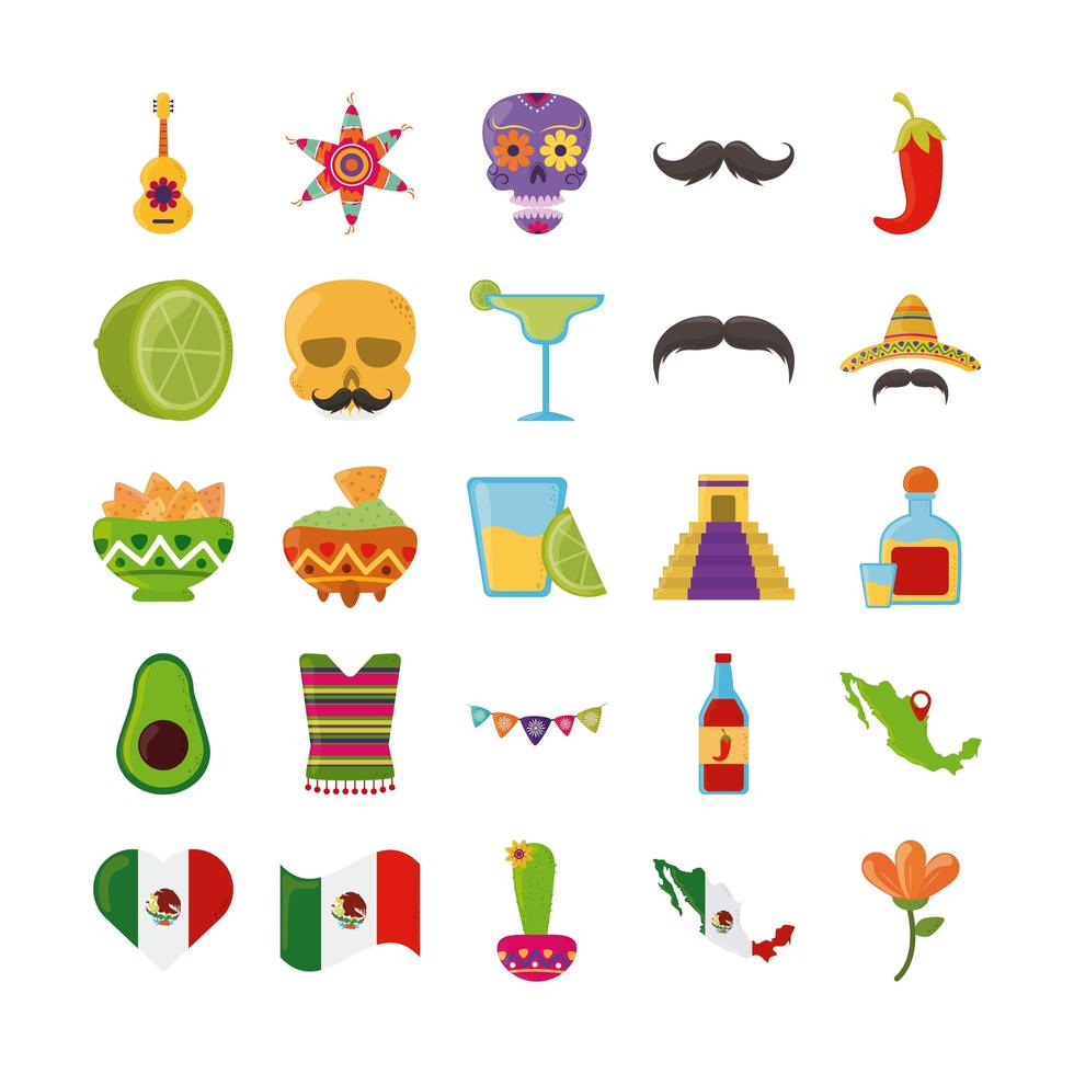 cinco de mayo, célébration mexicaine, fête festive, icônes nationales, ensemble, plat, style, icône vecteur