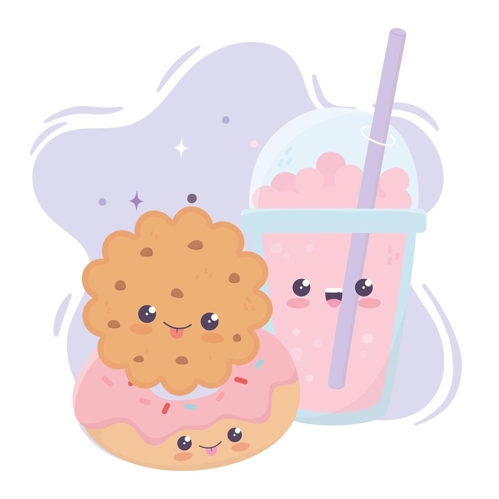 Personnage de dessin animé mignon cookie et beignet milkshake kawaii vecteur