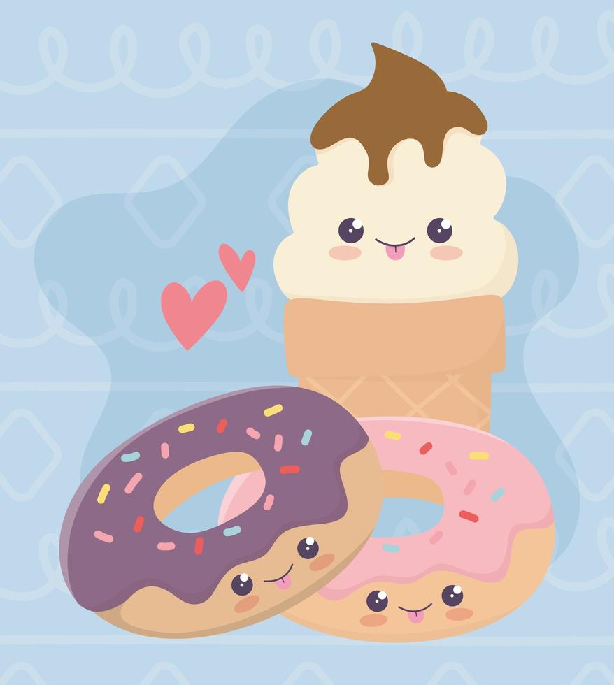 mignon, beignets sucrés et personnage de dessin animé kawaii crème glacée vecteur