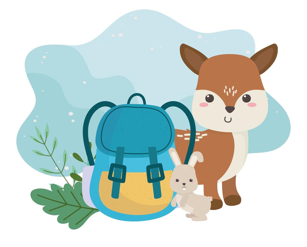 camping mignon cerf lapin et sac à dos dessin animé de feuillage vecteur