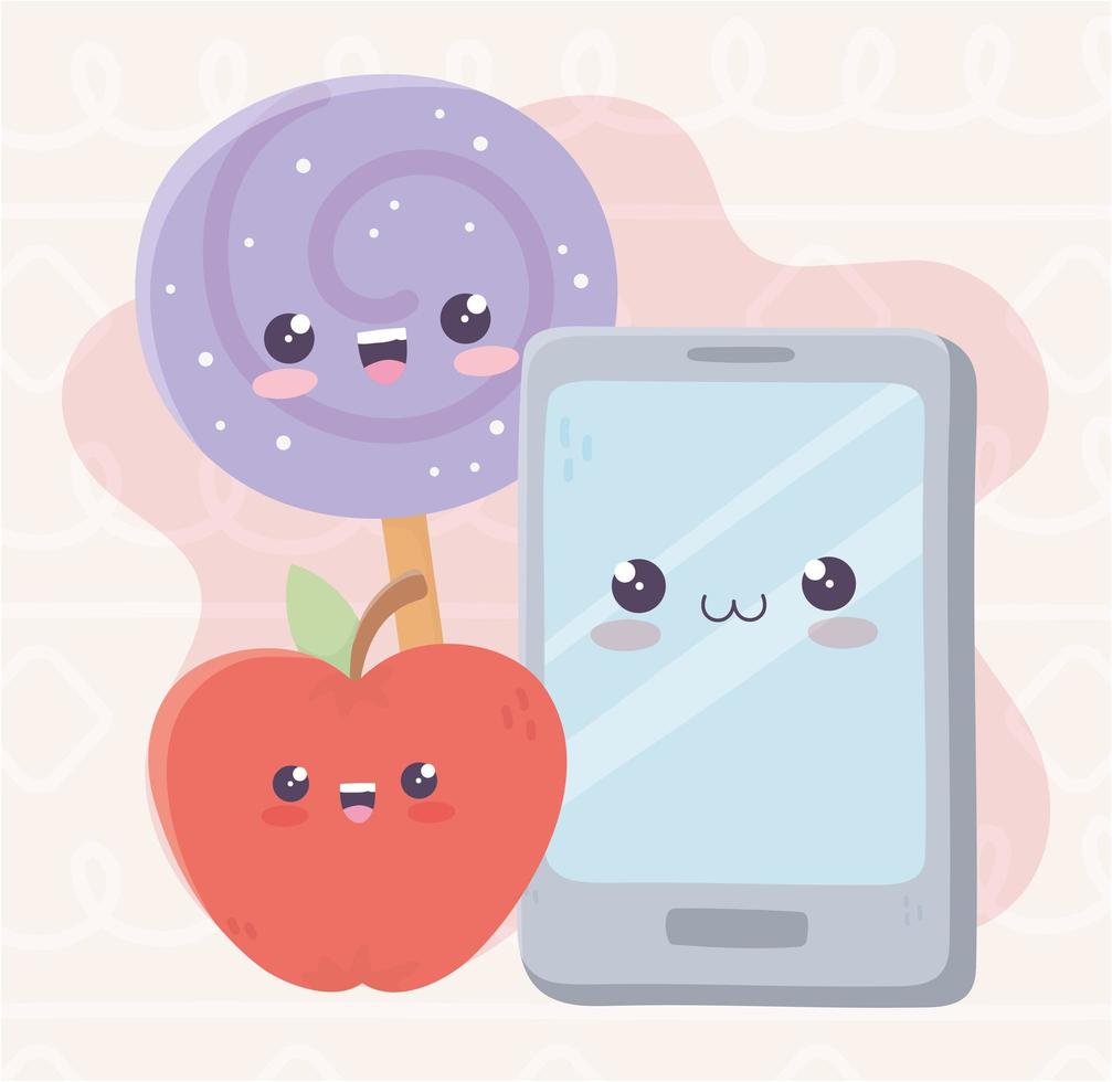 joli personnage de dessin animé kawaii pomme et bonbons smartphone vecteur