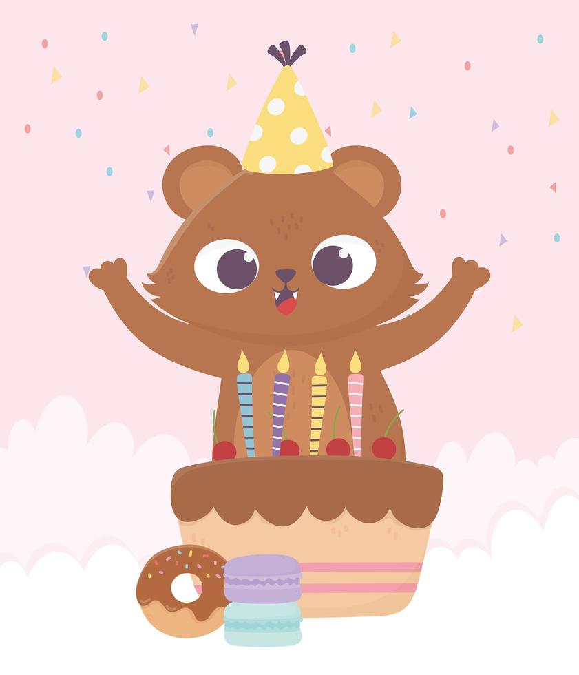 bonne journée, petit ours avec gâteau de chapeau de fête et beignet vecteur