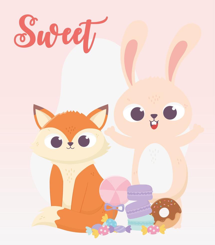 bonne journée, petit renard et lapin avec dessin animé de biscuits au caramel donut vecteur