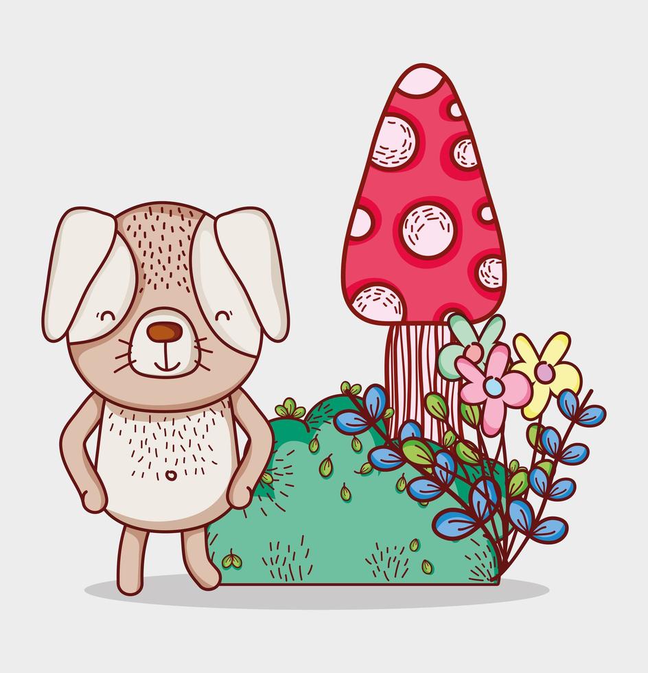 animaux mignons, dessin animé de fleurs de champignons de petit chien vecteur