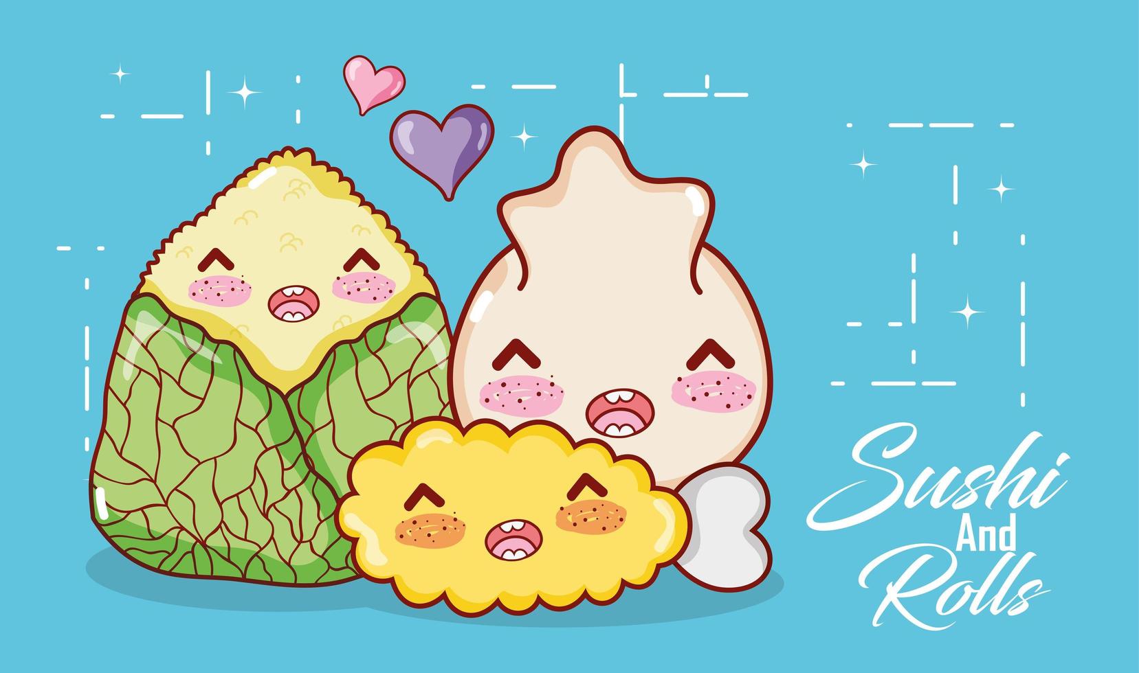 boulette de tempura kawaii et nourriture de riz dessin animé japonais, sushi et rouleaux vecteur