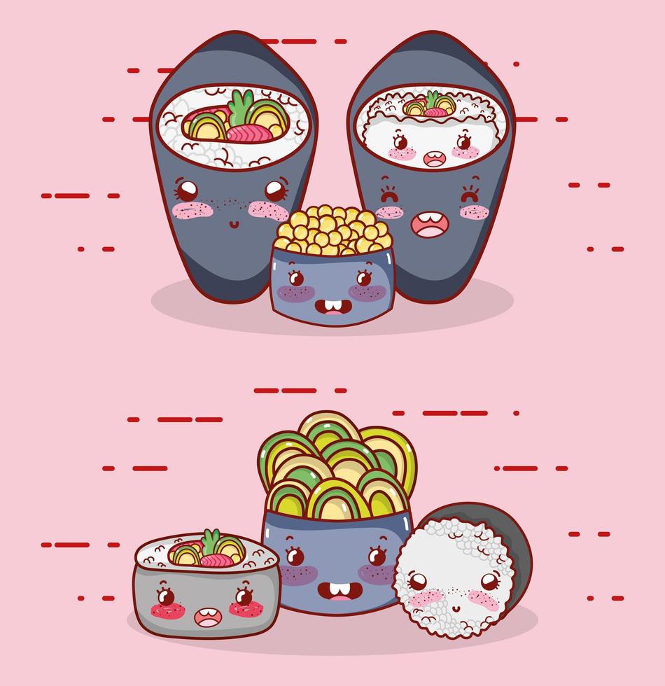 Kawaii temaki sushi riz soupe nourriture dessin animé japonais, sushi et rouleaux vecteur