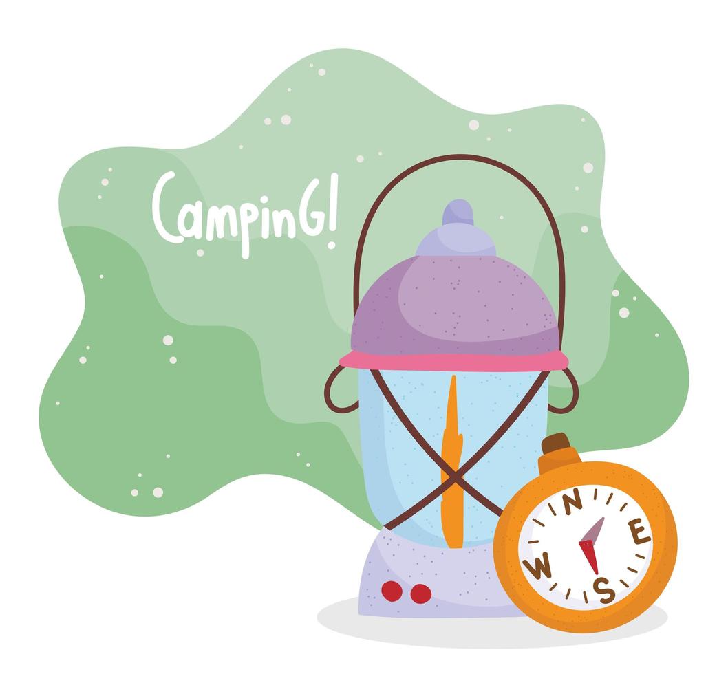 caricature d'équipement de lanterne et boussole de camping vecteur