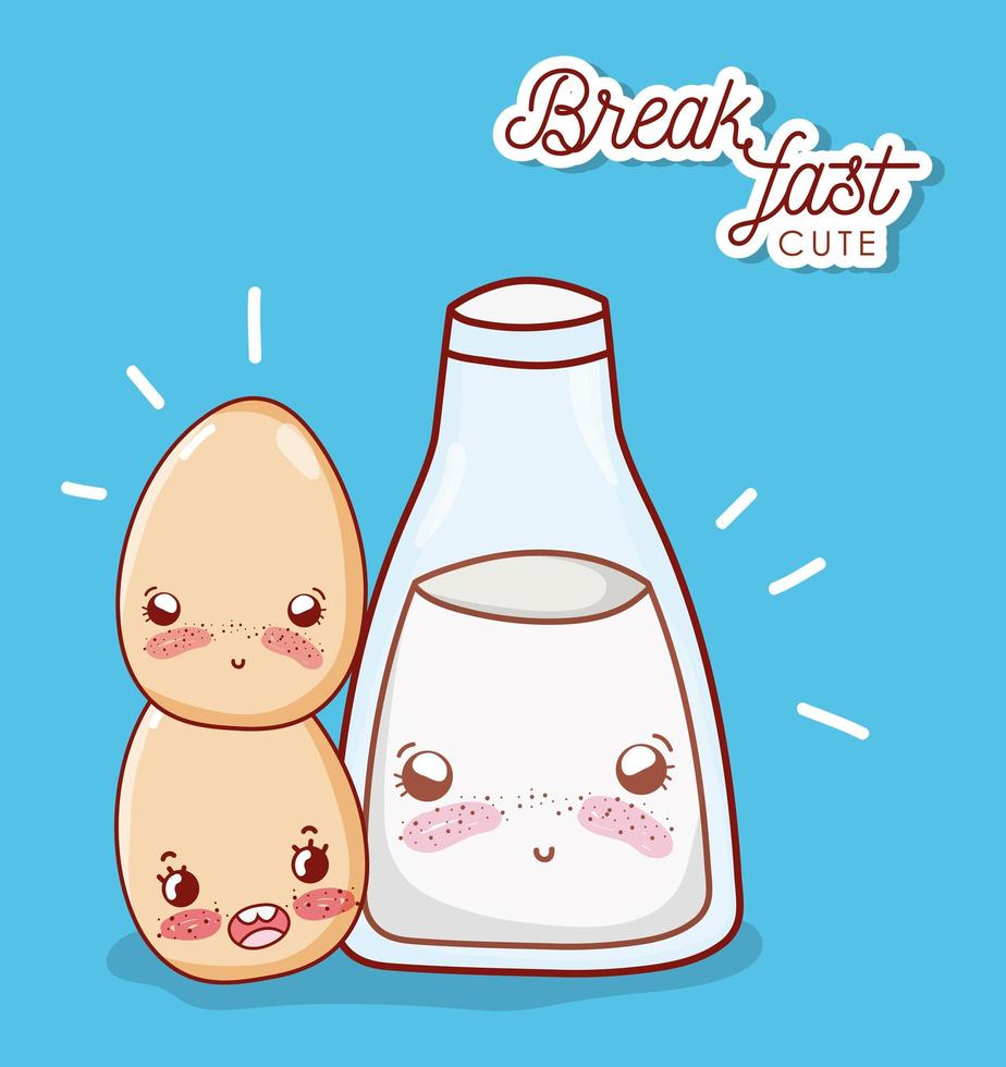 petit déjeuner mignon bouteille de lait et dessin animé d'oeufs vecteur