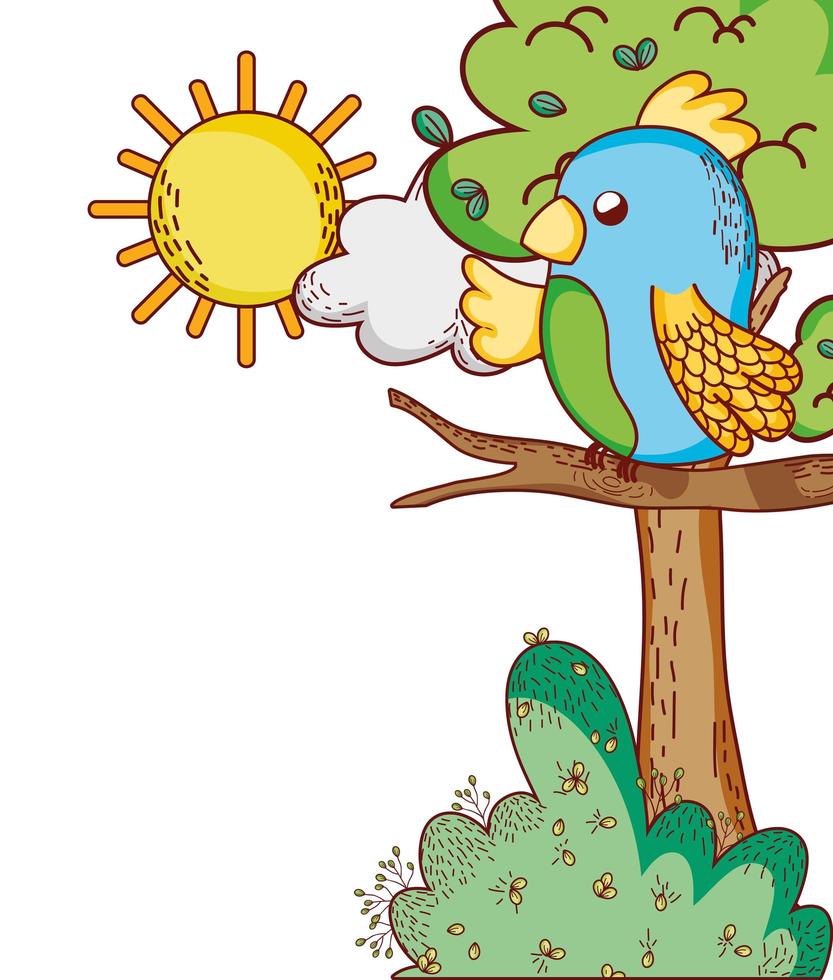 animaux mignons, perroquet en dessin animé soleil arbre branche vecteur