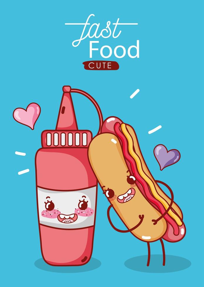 Fast food mignon hot-dog et sauce tomate dessin animé coeurs d'amour vecteur