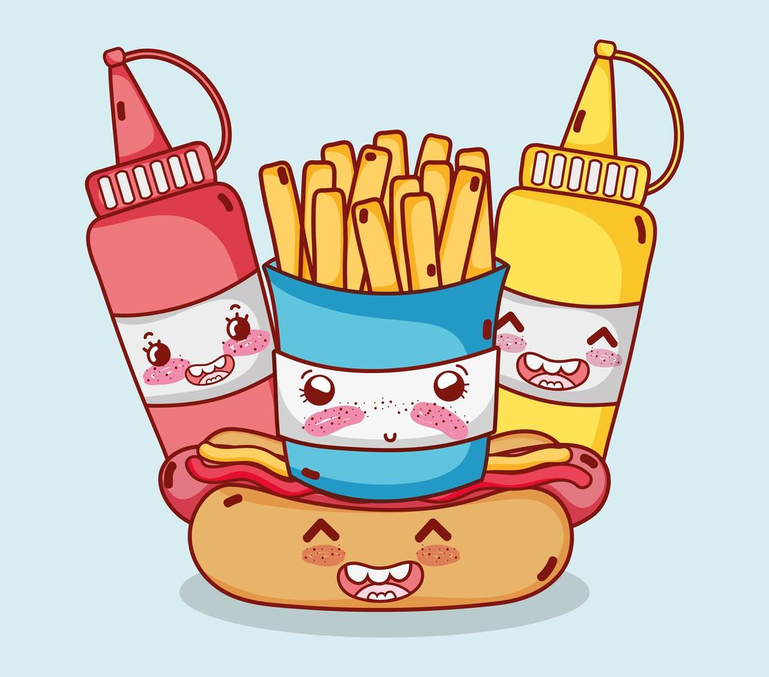 Fast food mignon frites hot dog moutarde et sauce cartoon vecteur