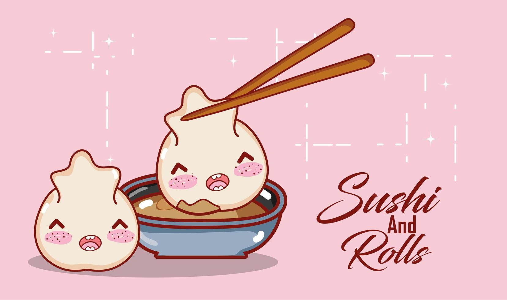 Sauce de boulettes de kawaii et baguettes alimentaires dessin animé japonais, sushi et petits pains vecteur