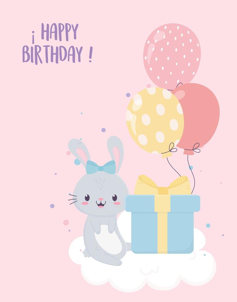 joyeux anniversaire lapin cadeau et carte de décoration de célébration de ballons vecteur